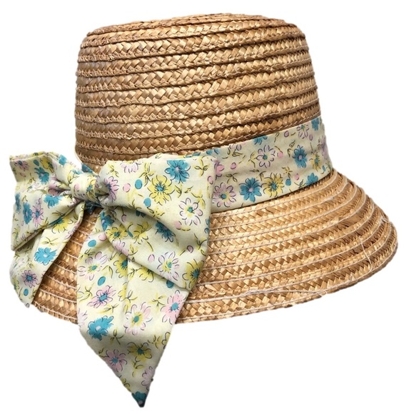 Accessories - Straw bucket hat spring floral bow pink blue yellow sun summer garden vintage